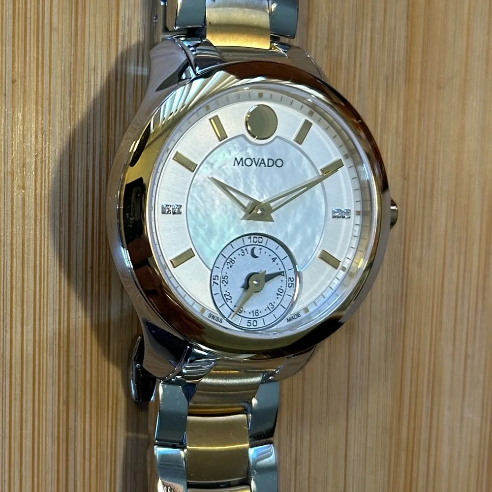 Movado Ballina Watch With 39mm White Pearl Face & 2 Tone Bracelet